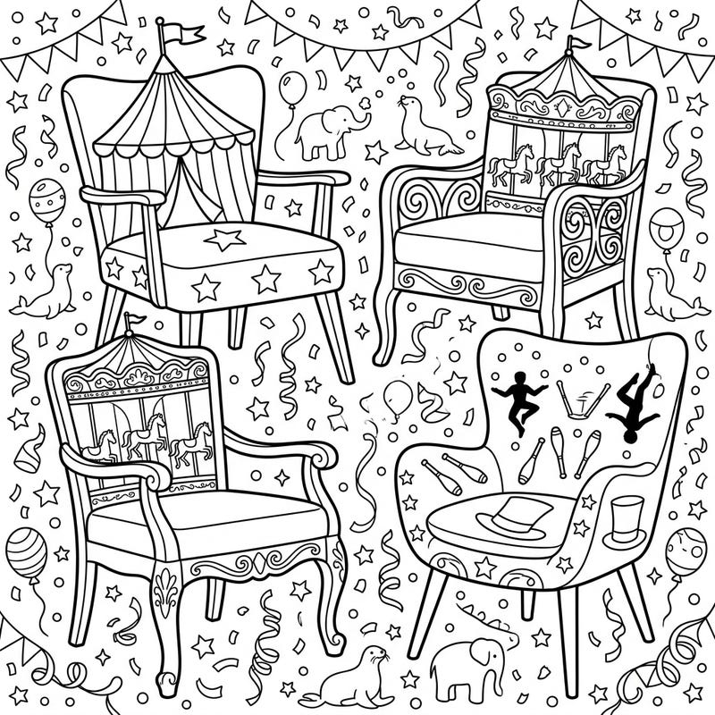 Discover a parade of unique accent chairs, each transformed into a miniature carnival scene ready for your creative touch. This delightful coloring page combines elegant furniture with the playful spirit of the circus.