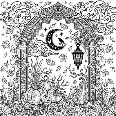 Step into a world where gothic elegance meets autumn's charm with this captivating coloring page. Featuring an ornate arch, pumpkins, and a mystical new moon, it promises a uniquely engaging coloring experience.