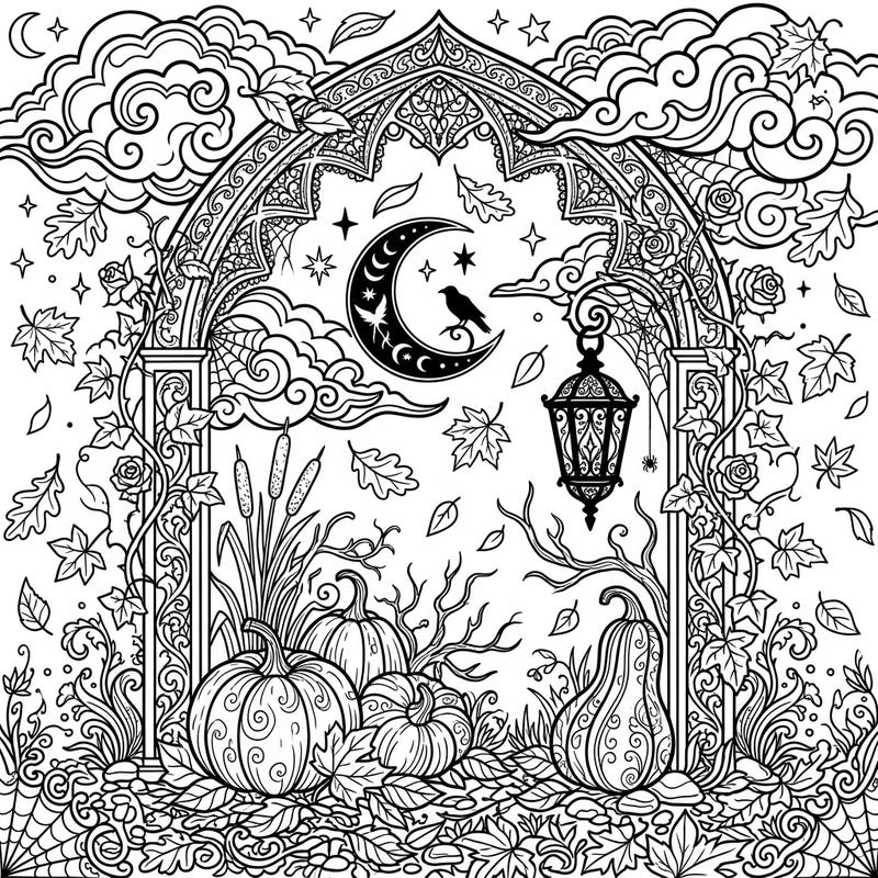 Step into a world where gothic elegance meets autumn's charm with this captivating coloring page. Featuring an ornate arch, pumpkins, and a mystical new moon, it promises a uniquely engaging coloring experience.