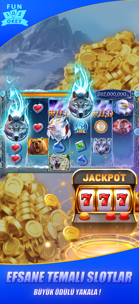 Fun 101 Okey - Play Win Online - Máquina tragamonedas con temática de animales con lobos y águilas, que muestra un indicador de premio mayor y monedas de oro
