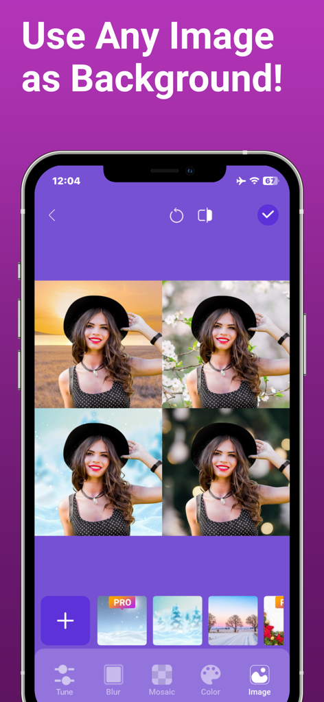 BeautyTune - Blemish Remover - Interfaz de aplicación móvil mostrando cuatro opciones de fondo diferentes para el retrato de una mujer con sombrero negro