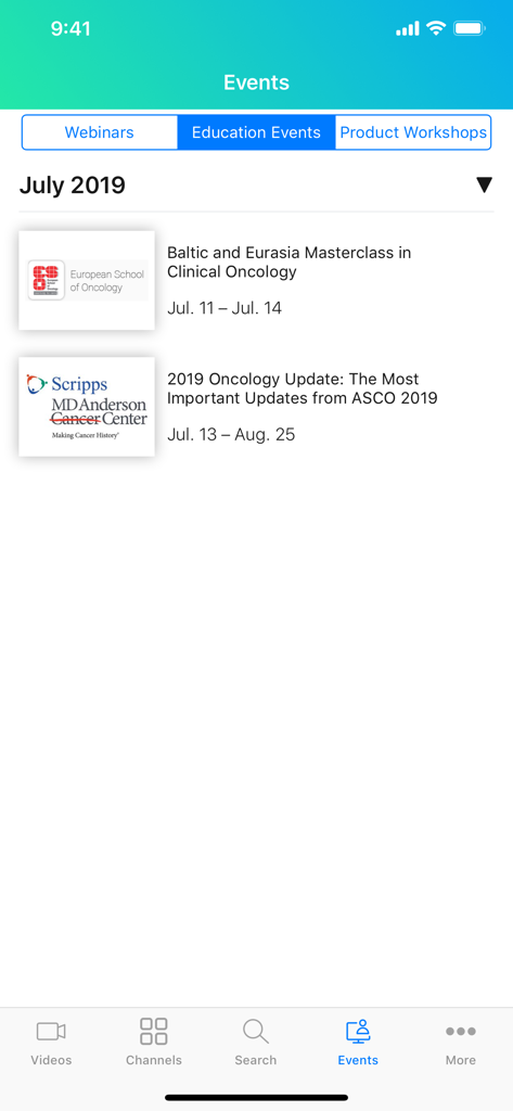 VuMedi app screen displaying a list of oncology medical education events and masterclasses.