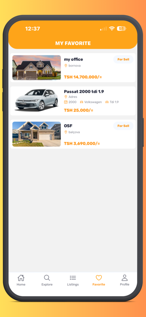 Dalali Connect - A list of favorite property and vehicle listings including houses and a car shown on the Dalali Connect mobile app screen.