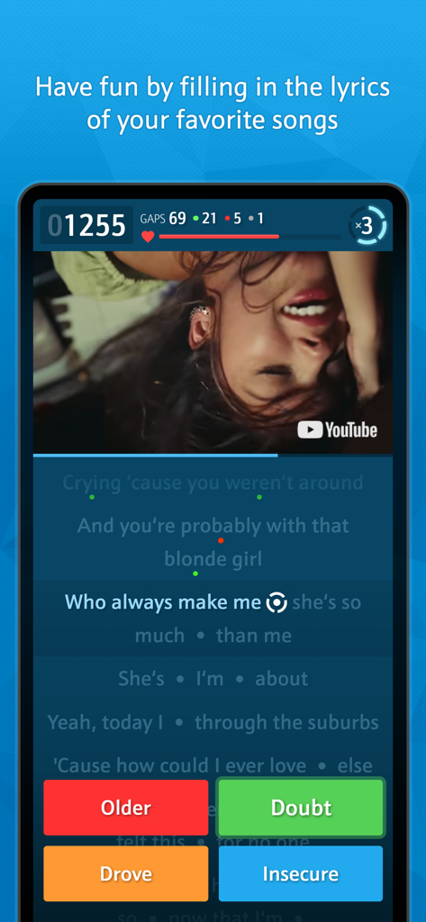 LingoClip - Interfaz de la aplicación móvil LingoClip que muestra un video musical y opciones de opción múltiple para completar la letra de la canción faltante