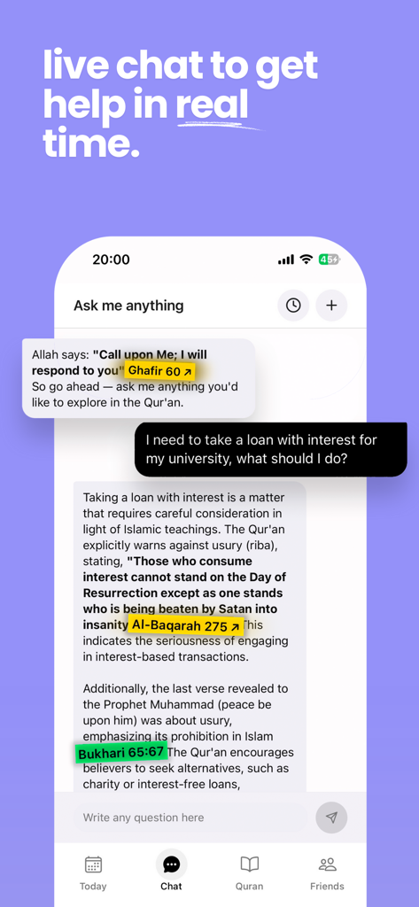 Noor - Quran Companion - Screenshot of the Noor Quran Companion app showing a live chat interface for asking questions with cited Islamic sources
