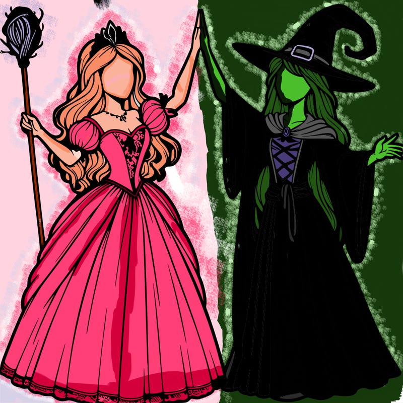 detailed realistic split of a princess and a witch