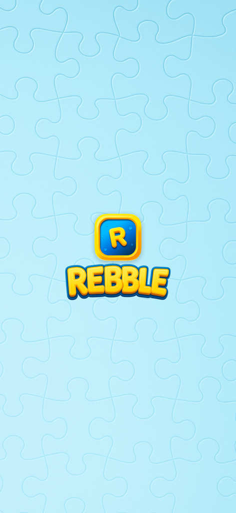 Rebble: Rebus & Puzzle Game - 밝은 파란색 퍼즐 배경에 Rebble 레부스 및 퍼즐 게임 로고