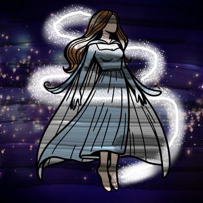 woman levitating with long hair and a cape dressing with a pants