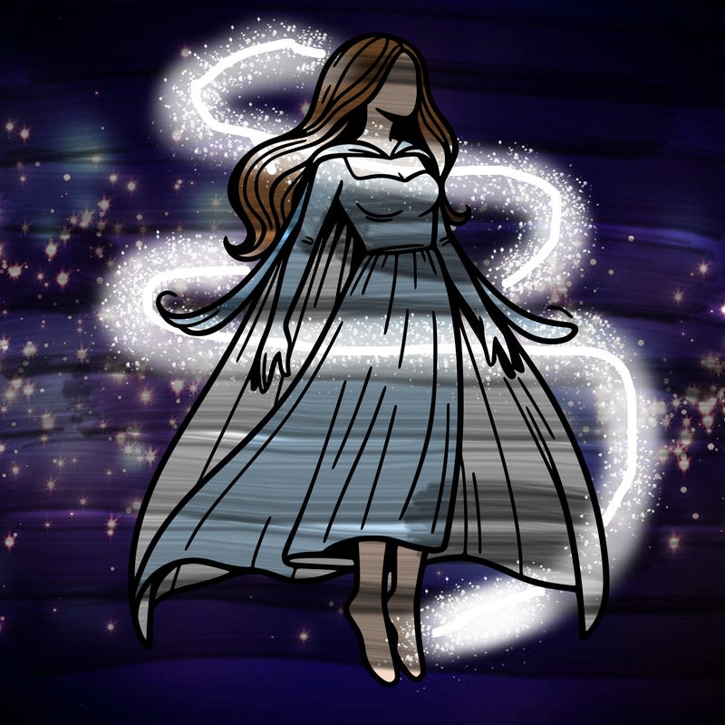 woman levitating with long hair and a cape dressing with a pants