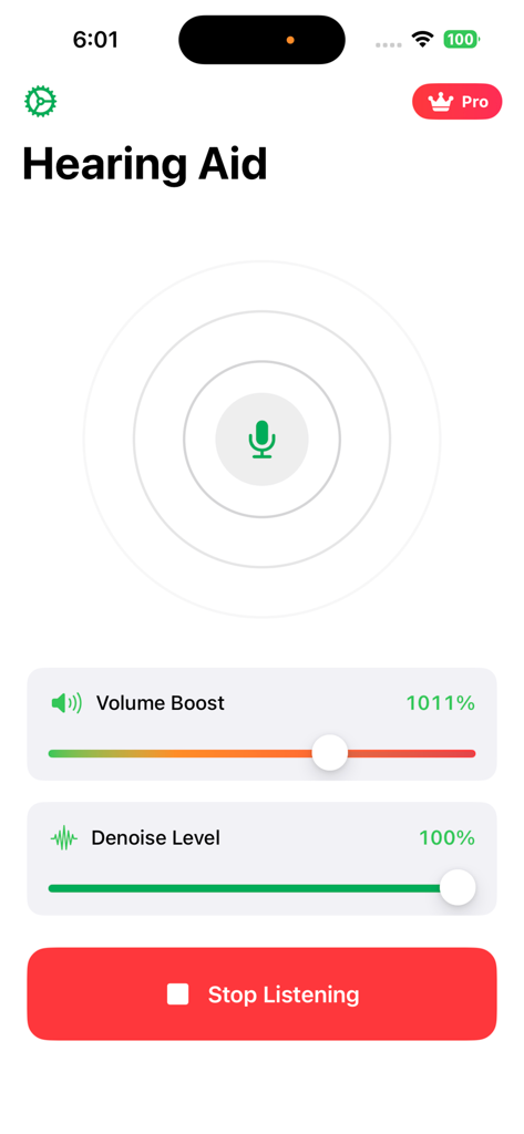 Hearing Aid Sound Amplifier - User interface of the Hearing Aid app showing volume boost and noise reduction controls