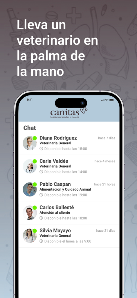 Canitas Vet - Mobile app interface of Canitas Vet showing a chat list with professional veterinarians and support staff available for consultation.