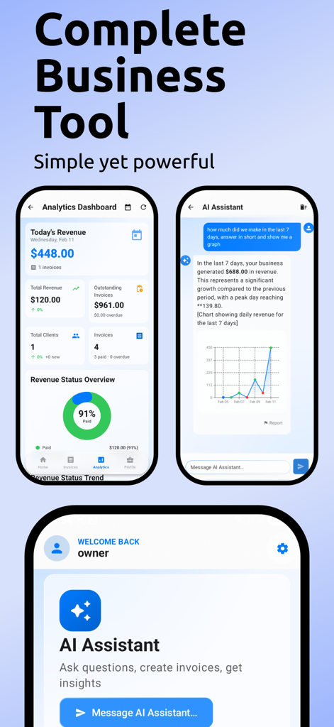 AI Invoice & Estimate Maker - App interface showing business analytics dashboard and AI assistant chat for invoice management