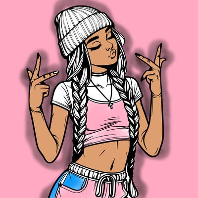 realistic teenage girl with braids and a beanie and crop top doing 🫶🏼