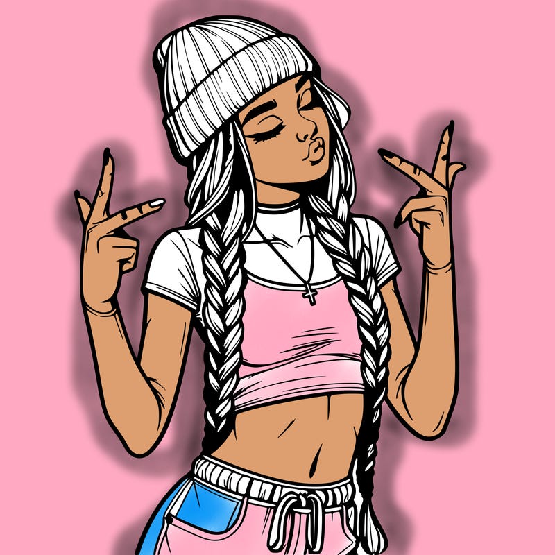 realistic teenage girl with braids and a beanie and crop top doing 🫶🏼