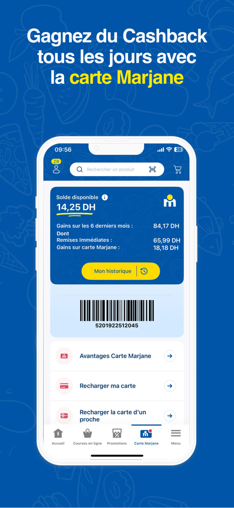 Marjane - Marjane app loyalty card interface showing cashback balance and digital barcode.