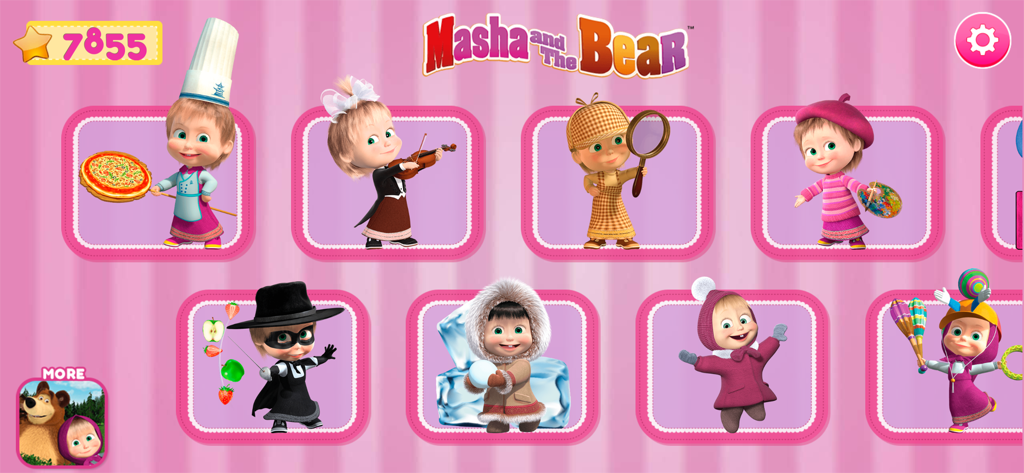 Masha and the Bear. Activities - Masha and the Bear Activities selection screen with various mini game icons
