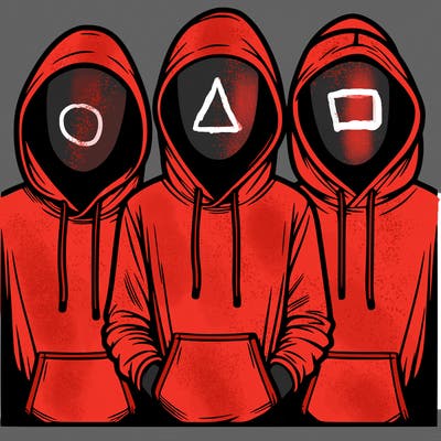 3 faceless people in  hoodies