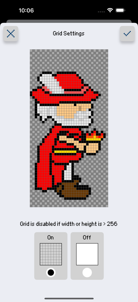 Interface of Sprite Creator showing grid settings and a pixel art character holding a flame.