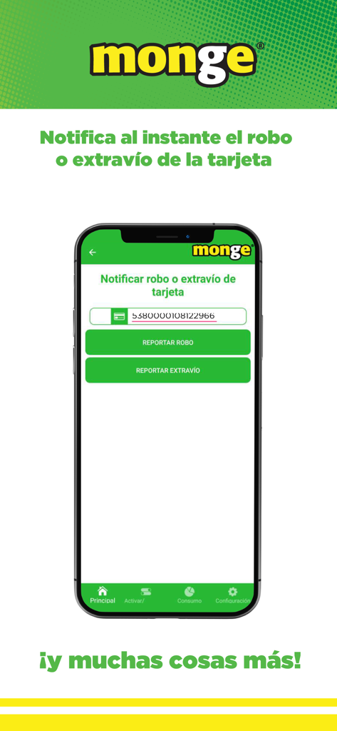 Tarjetas Monge - Pantalla de la aplicación móvil Tarjetas Monge que muestra opciones para reportar una tarjeta robada o perdida