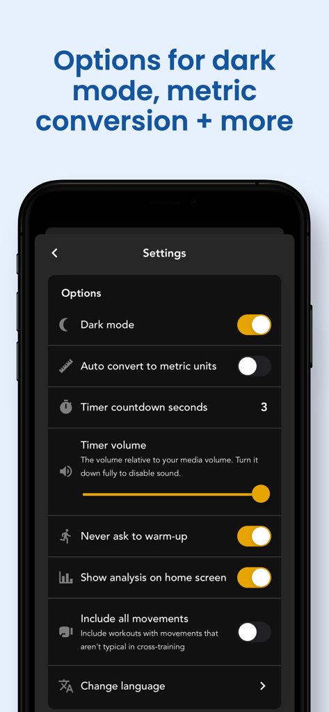 The WOD Generator: Workout - Settings menu of the WOD Generator app showing options for dark mode and unit conversion