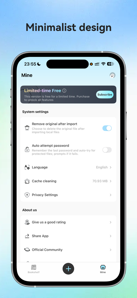 Ice Comic app settings interface with minimalist design and system preferences