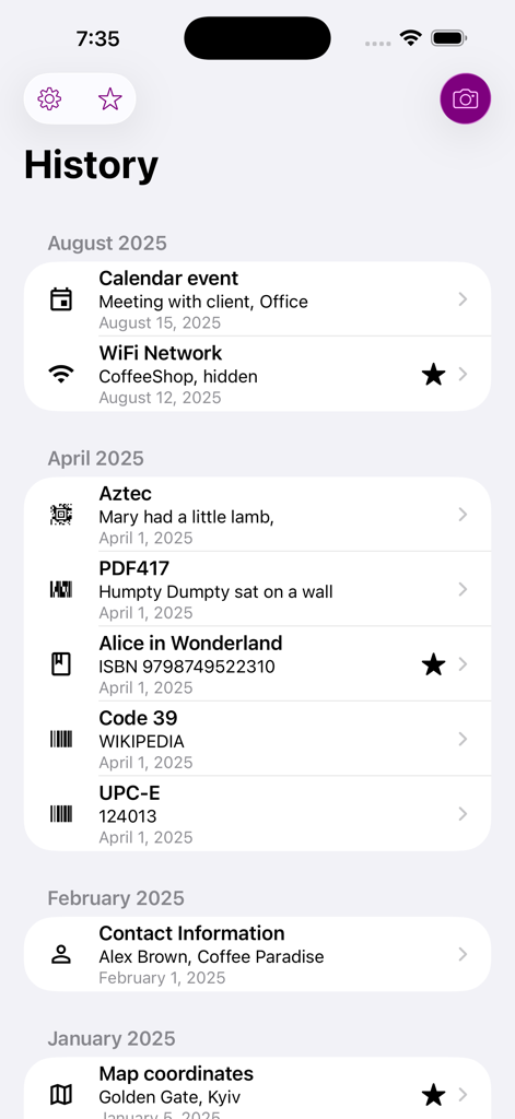 History screen of the QR and barcode scanner app showing scanned items organized by date.