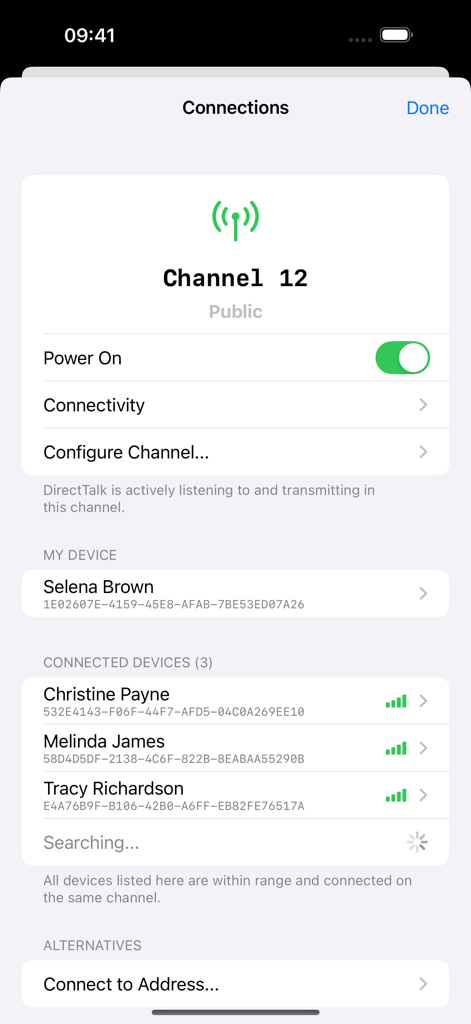 DirectTalk (Walkie Talkie P2P) - DirectTalk app screen showing the list of nearby connected devices and active public channel status.