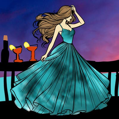 realistic woman with dress flowing in the wind