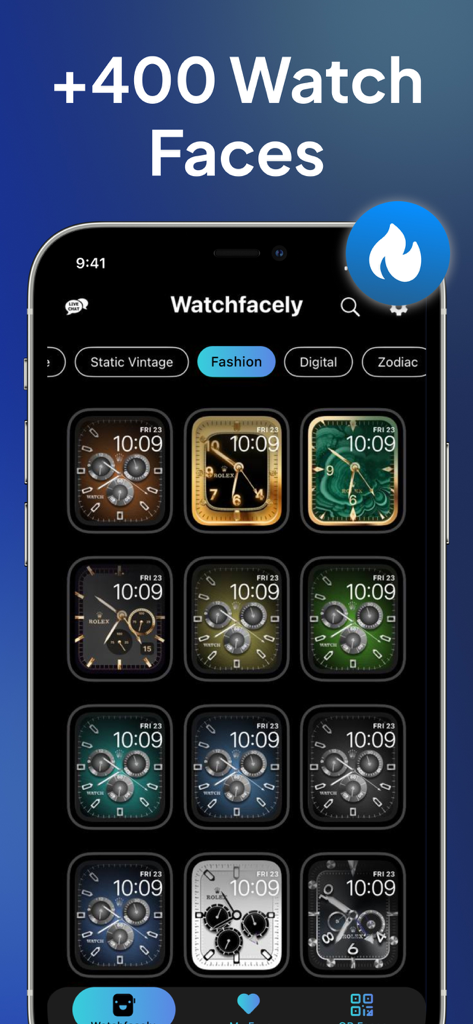 スマートフォンの画面に表示された、Apple Watch用のプレミアムファッションウォッチフェイスのギャラリー。