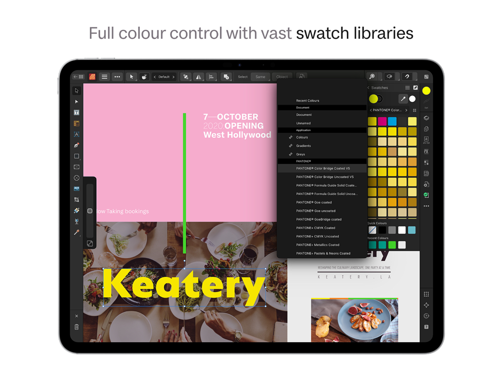 Interfaccia di Affinity Publisher 2 per iPad che mostra un layout professionale con librerie di campioni di colore Pantone