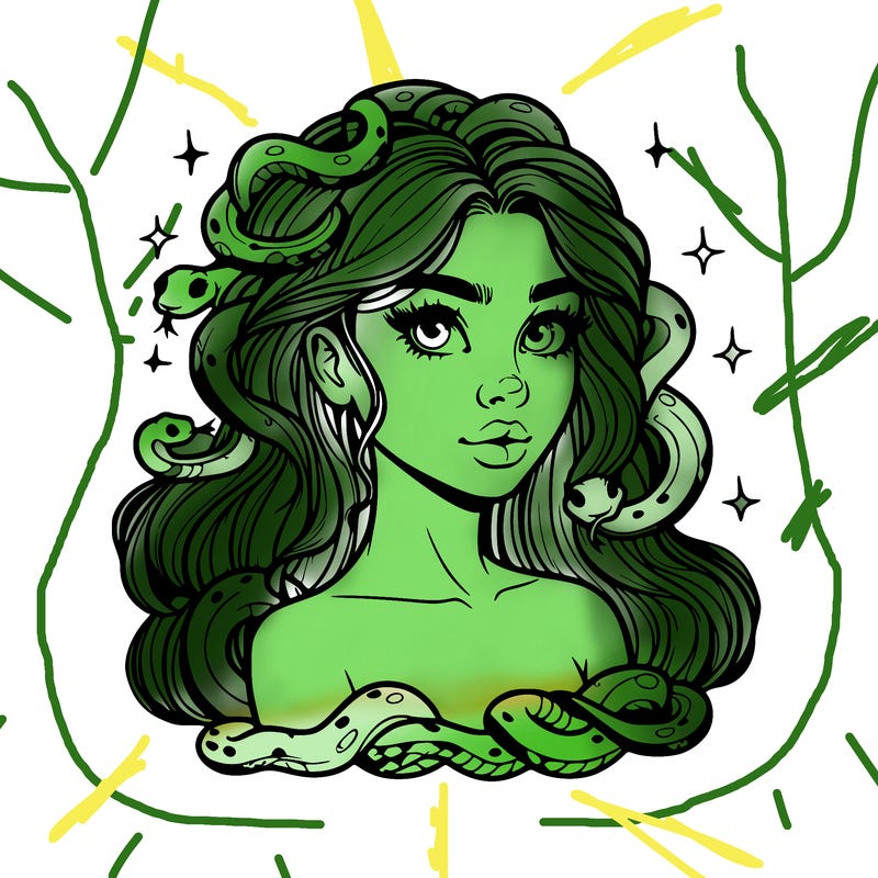 realistic girl with snakes as hair