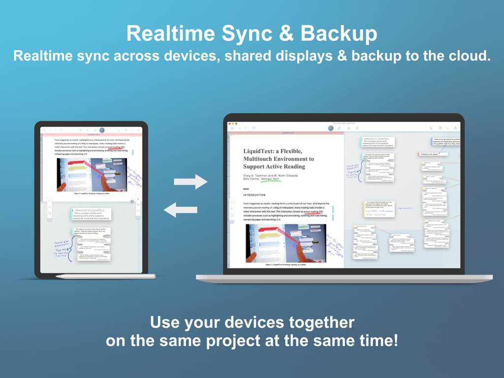 LiquidText app demonstrating realtime sync and cloud backup between an iPad and a Mac laptop
