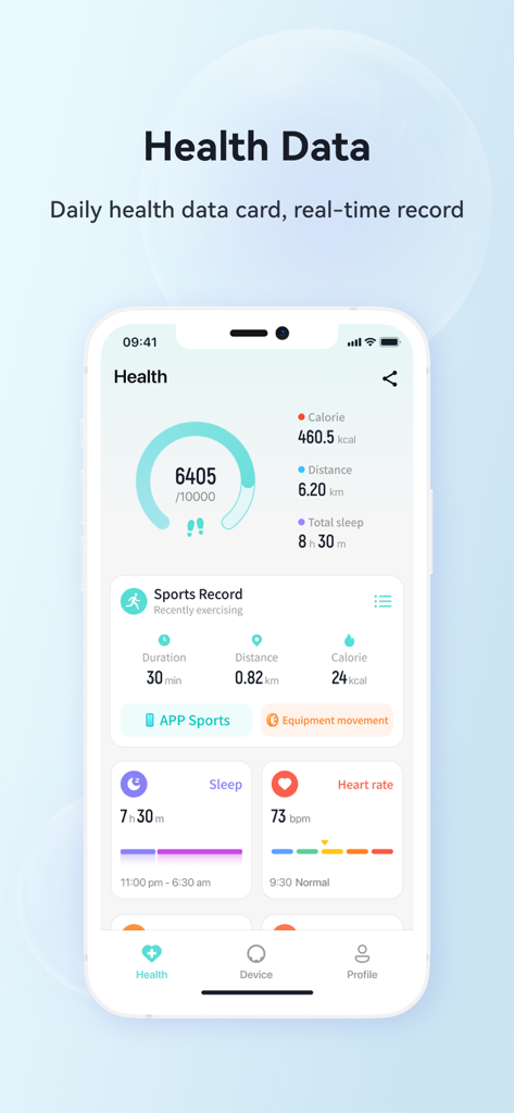 H Ring - HealthLife - iPhone screen displaying the H Ring app health dashboard with steps sleep heart rate and activity tracking data