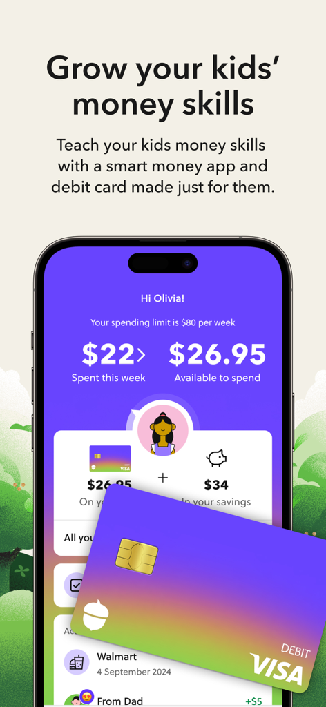 Acorns mobile app interface for teaching kids financial skills with a smart debit card and spending tracker.
