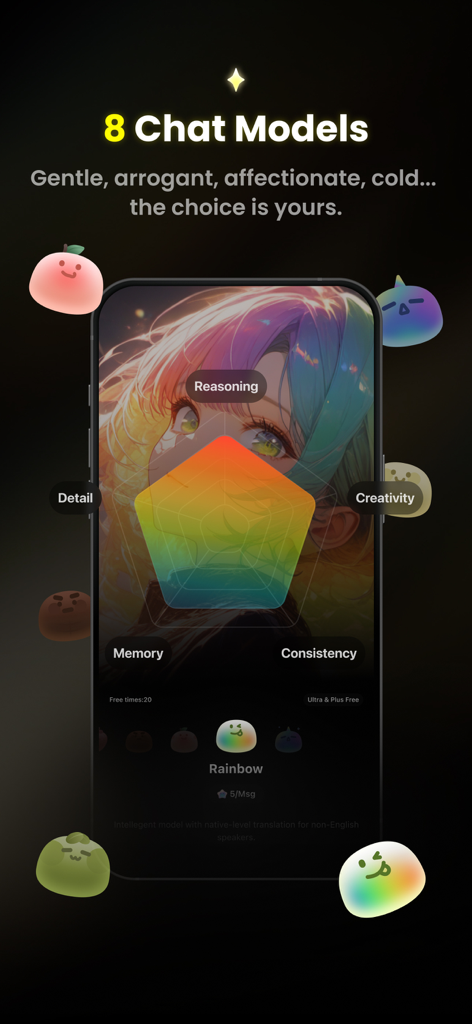 Emochi app interface showing eight different AI chat models with a radar chart for personality attributes like creativity and reasoning