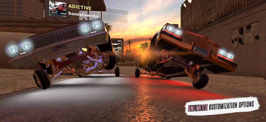 Lowriders Comeback: Boulevard - Two custom lowrider cars performing hydraulic maneuvers on a street at sunset.