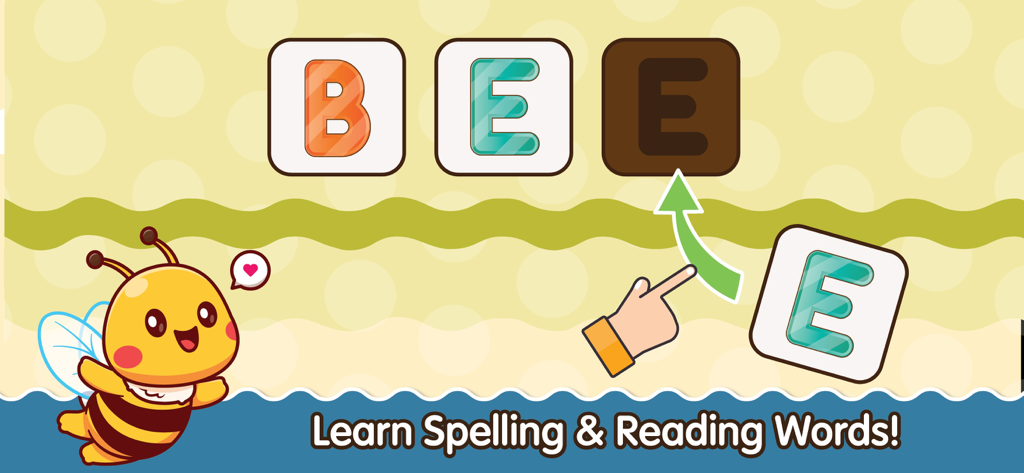 ABC Alphabet Flash Cards Games - Spelling game screen for toddlers showing the word bee with interactive letter tiles