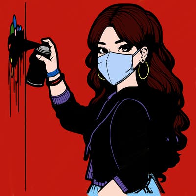 realistic girl with mask spray painting a wall