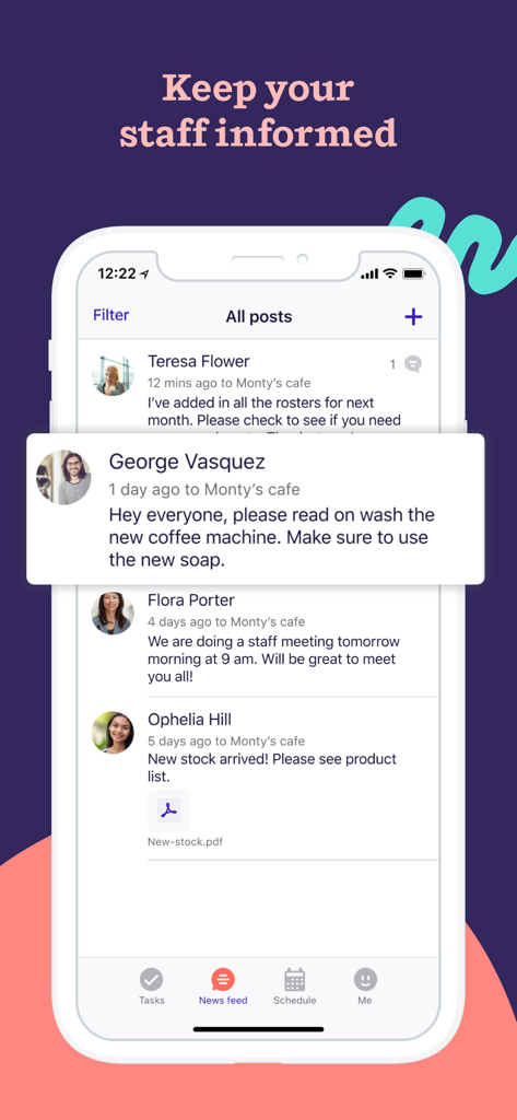 Deputy Kiosk app news feed interface displaying staff updates and workplace announcements.