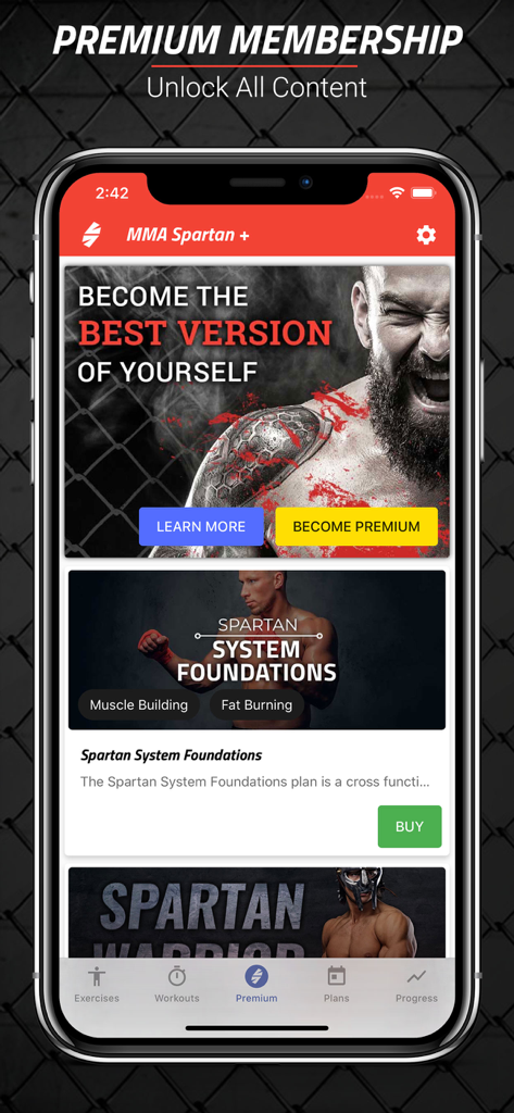 MMA Spartan Workouts Pro app premium membership page with workout plans