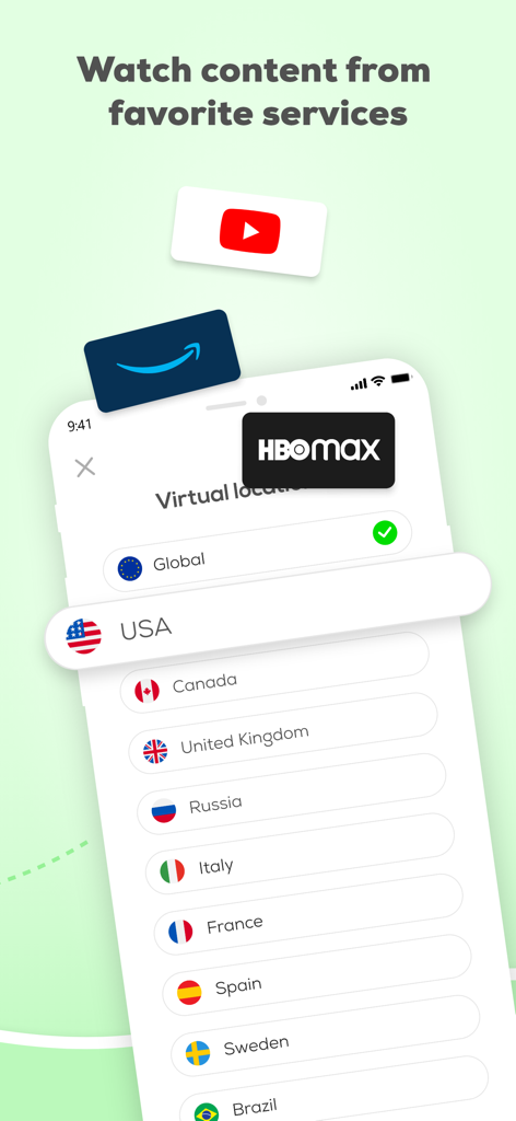 SureVPN: Fast & Secure VPN - SureVPN app screen showing a list of international server locations for watching streaming services