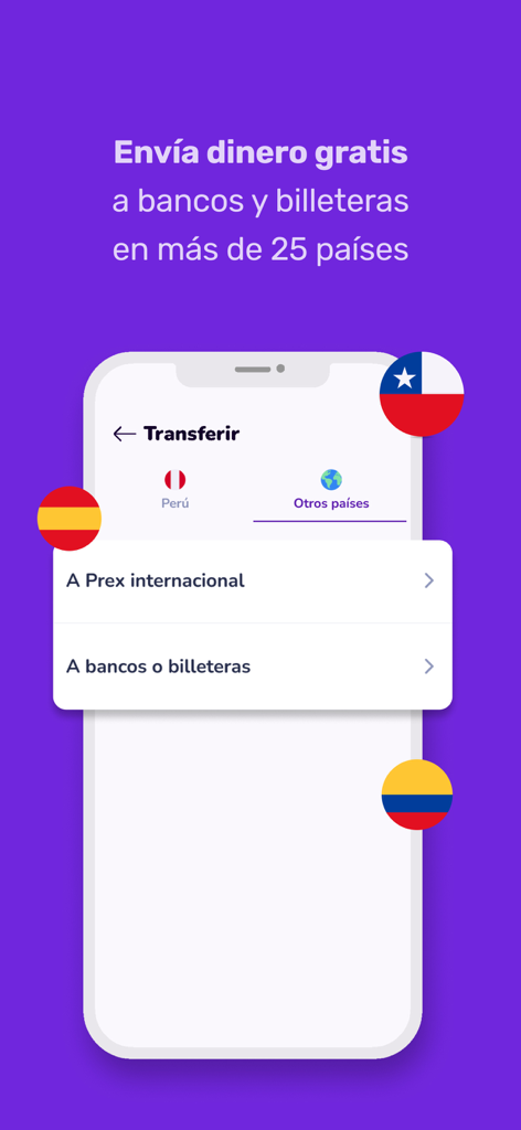 Prexpe - Cuenta digital - Screenshot of the Prexpe app showing options for free international money transfers to banks and digital wallets in over 25 countries