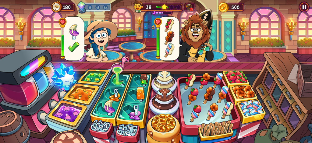 Gameplay screenshot of Potion Punch 2 showing the Tropical Treats level where players serve colorful fruit skewers and dipped popsicles to fantasy characters