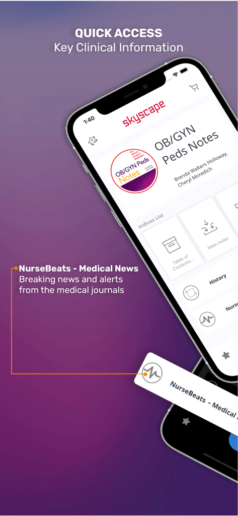 OB/GYN Peds Notes - Teléfono inteligente mostrando la aplicación OB GYN Peds Notes con la función de noticias médicas NurseBeats resaltada