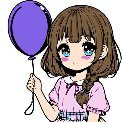 a girl with bangs 5 years old holding a balloon anime style