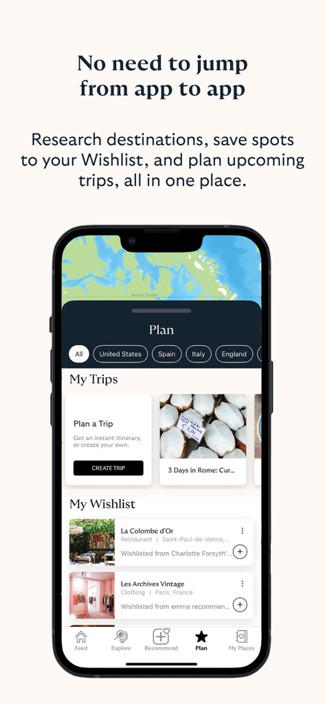 AmiGo Travel: Tips & Guides - AmiGo Travel app interface for planning trips and saving favorite locations to a wishlist