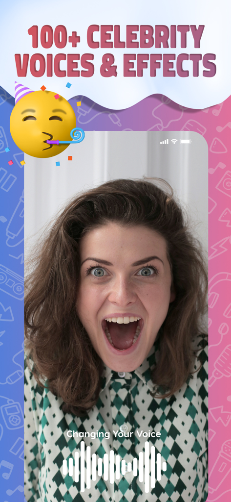 Celeb Pranks: AI Voice Changer - A woman reacting with excitement to the Celeb Pranks app featuring over one hundred celebrity voices and effects.