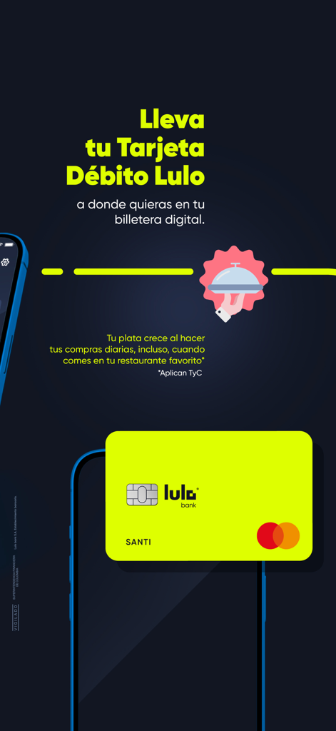 A bright green Lulo Bank debit card displayed on a smartphone for use in digital wallets.