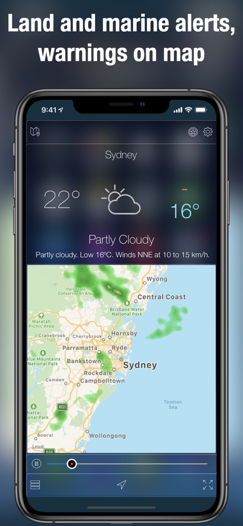 Doppler Radar Map Live Pro - Doppler Radar Map app showing real time precipitation radar and marine weather alerts for Sydney