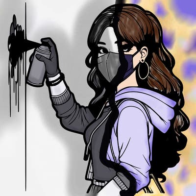 realistic girl with mask spray painting a wall